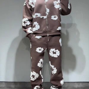 Ensemble Veste et Pantalon Jogging à Fleurs Choco et Blanc